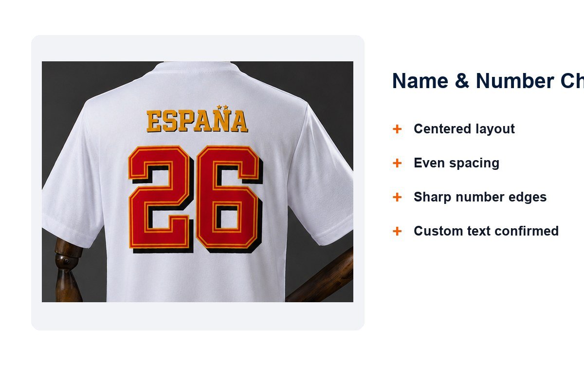 Custom name and number print quality check on the back of a soccer jersey
