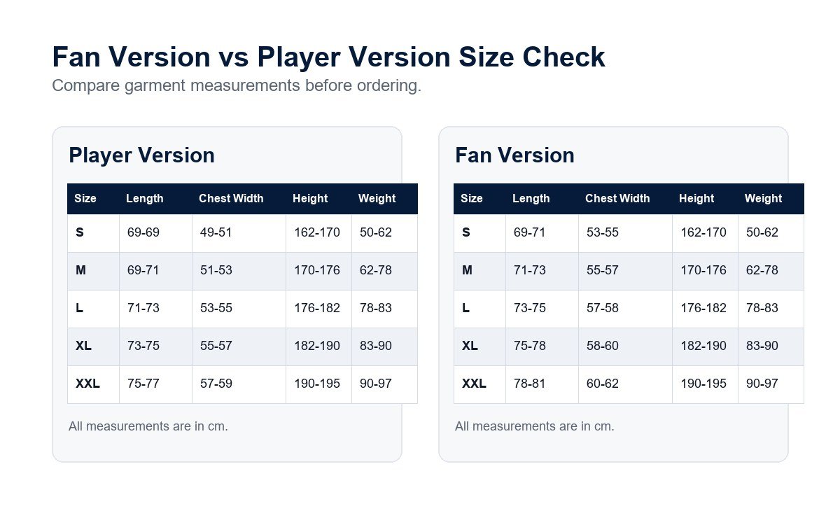 Fan version and player version soccer jersey size chart in centimeters