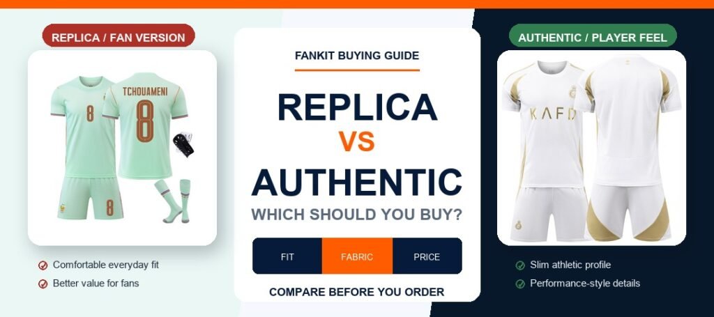 Replica vs authentic jersey blog cover with split comparison layout and real product images