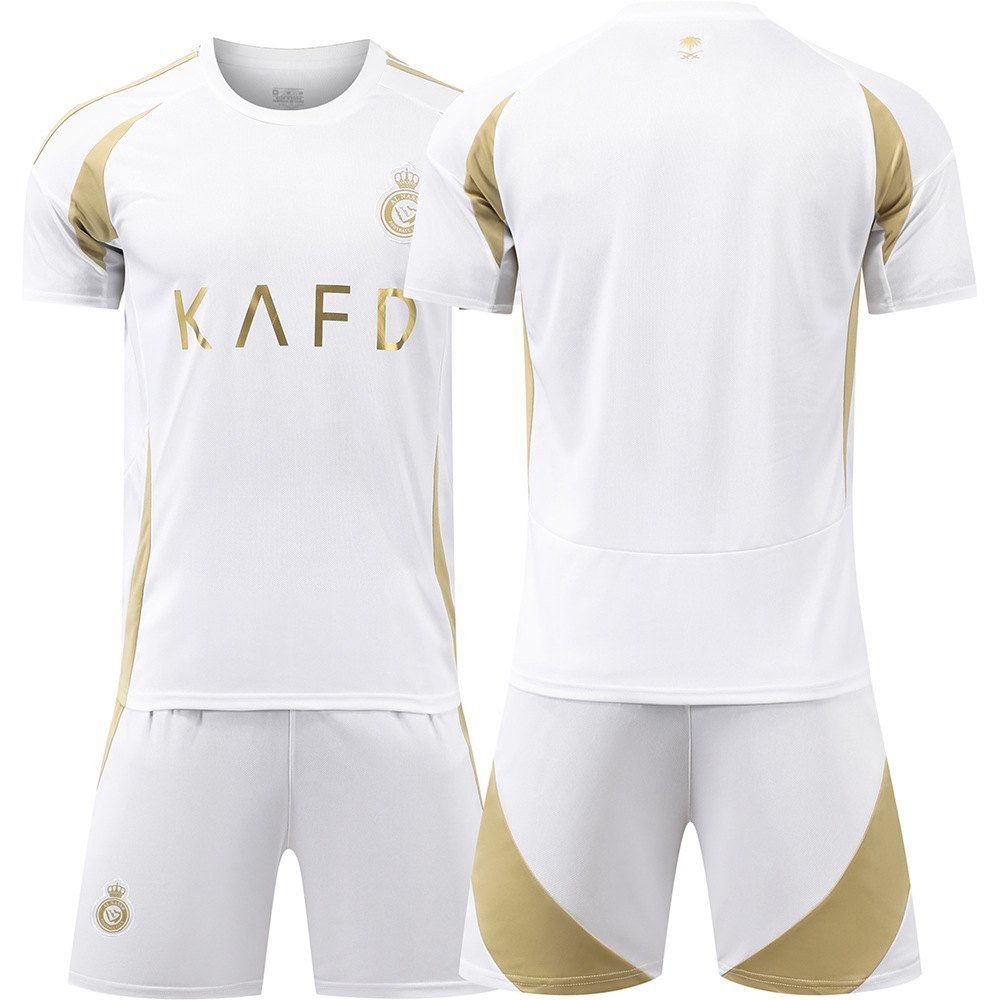 White and gold football kit showing front and back details for jersey comparison