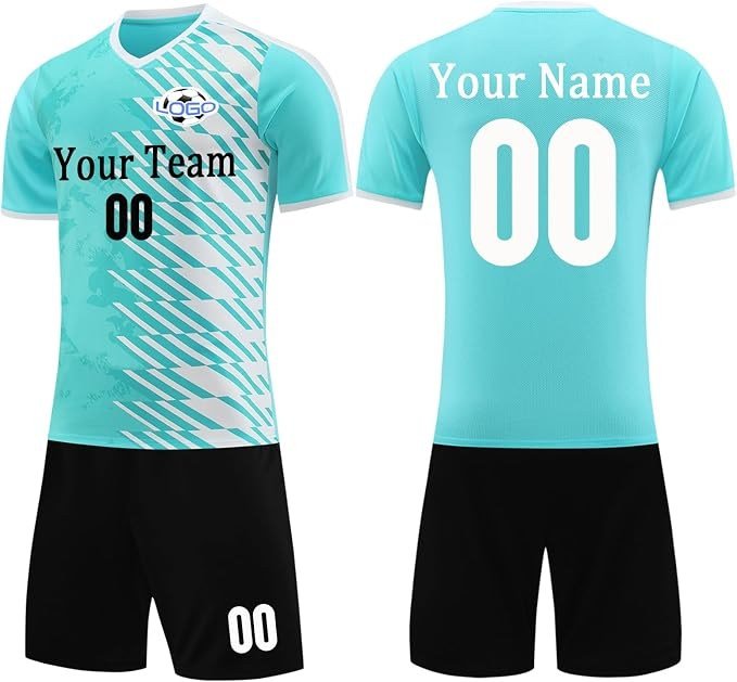 Aqua custom football kit shown from front and back
