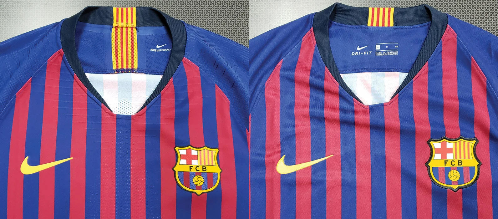 Close comparison of football jersey fabric collar crest and construction details