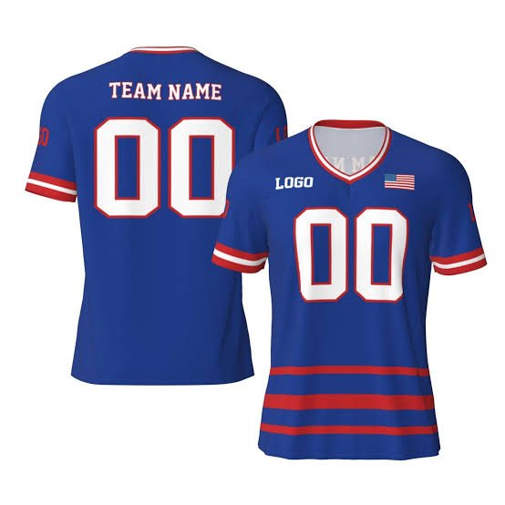 Blue custom football jersey shown from front and back