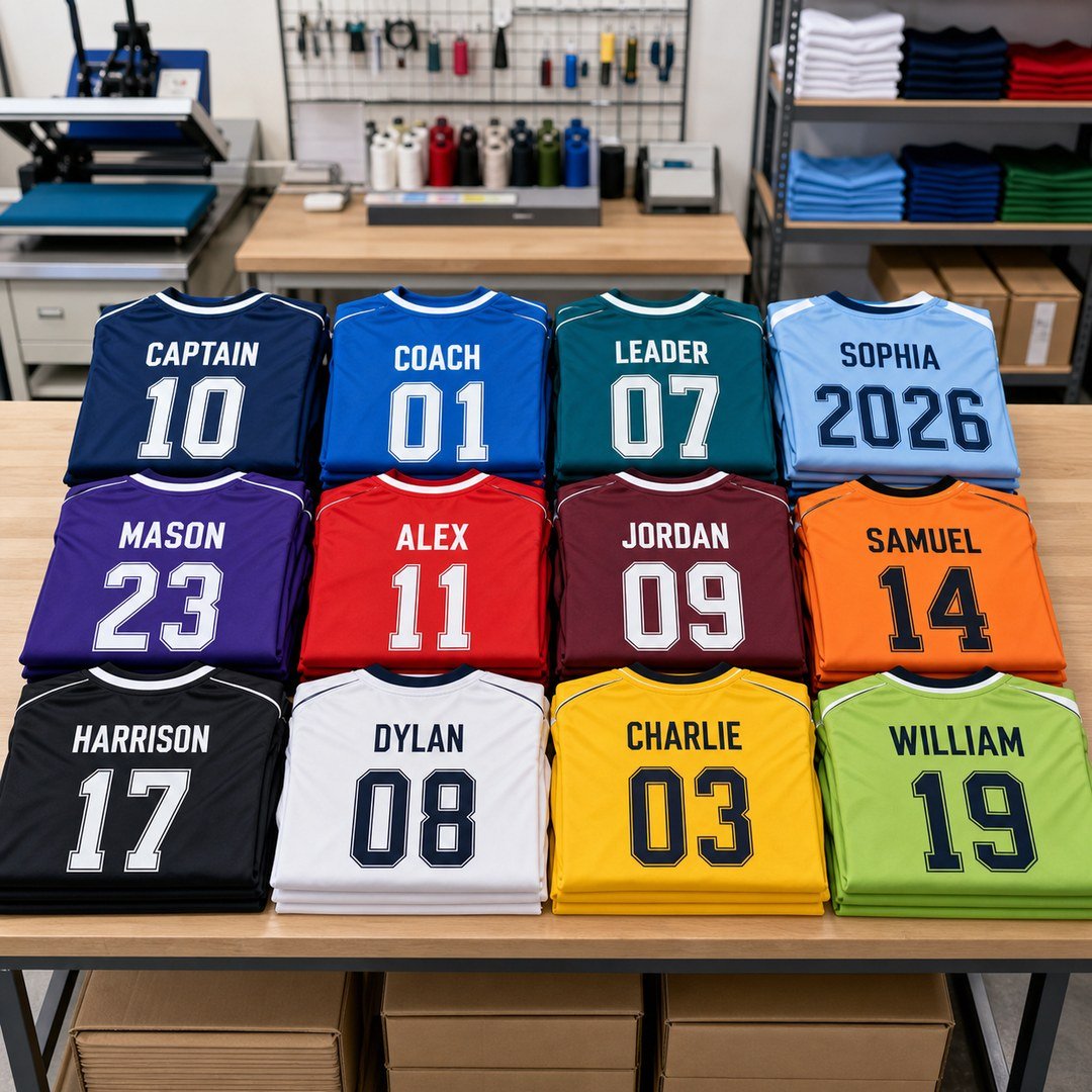 Organized bulk custom jersey order with varied names and numbers