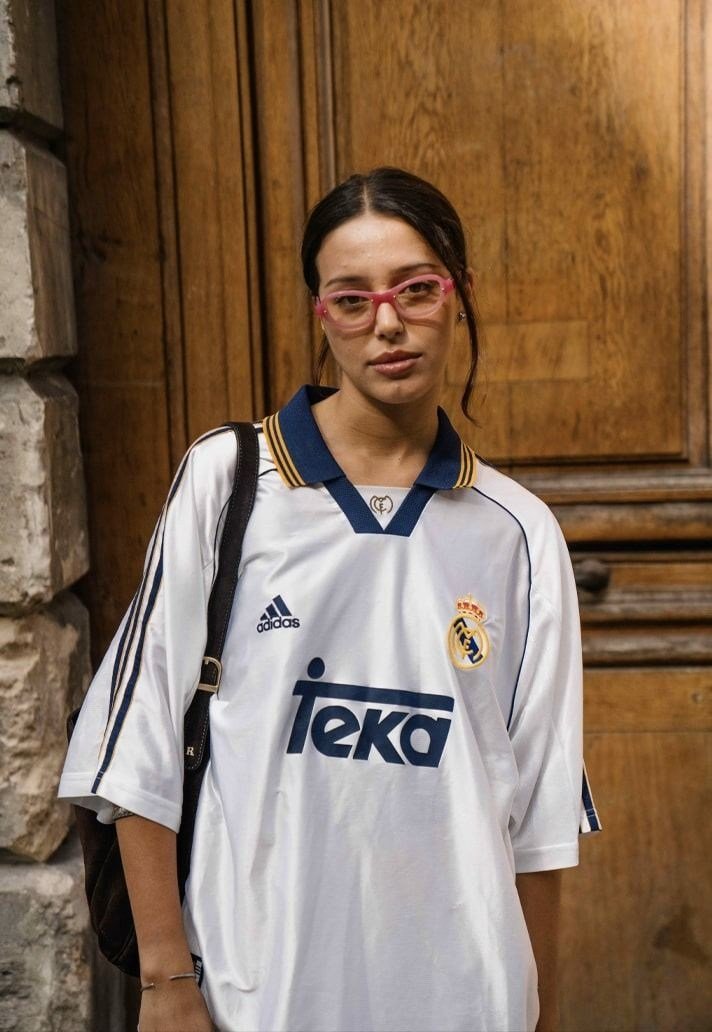 Woman wearing an oversized jersey casually
