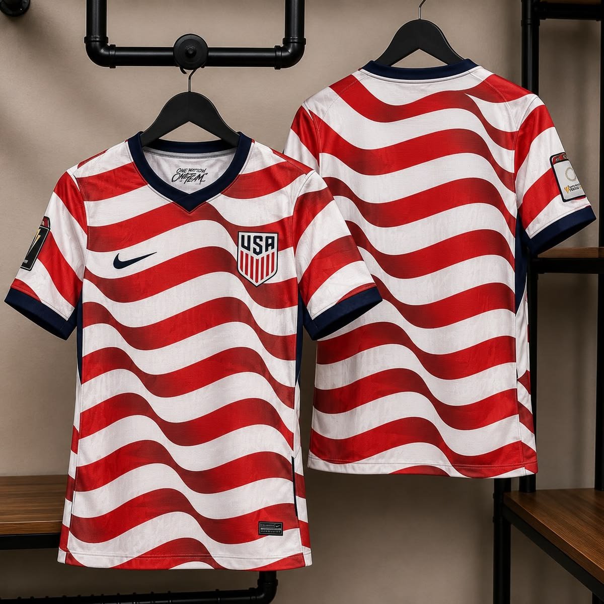 Front and back view of the USA 2026 striped home jersey