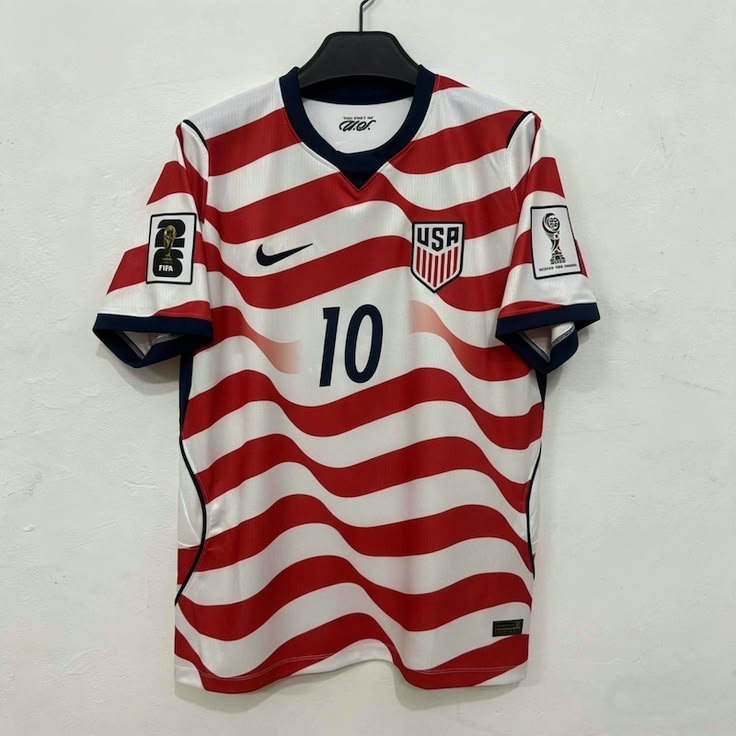 USA striped soccer jersey showing crest, number and sleeve details