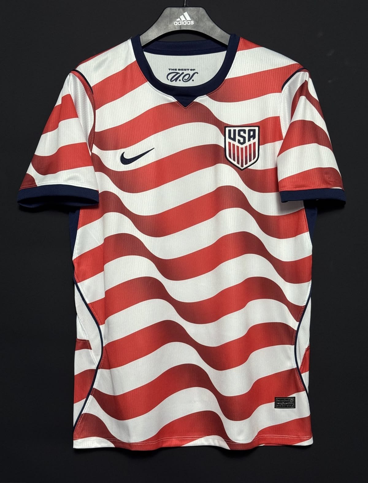 USA 2026 home soccer jersey with red and white wavy stripes