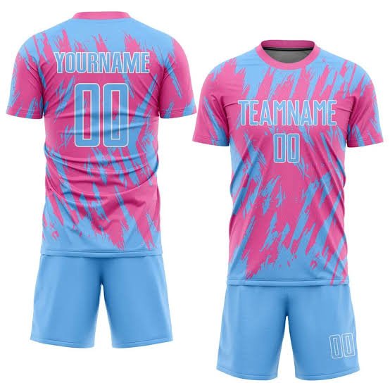Pink and blue custom football kit with name and number printing