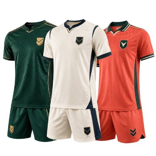 Three football kits illustrating comfortable fan version styles