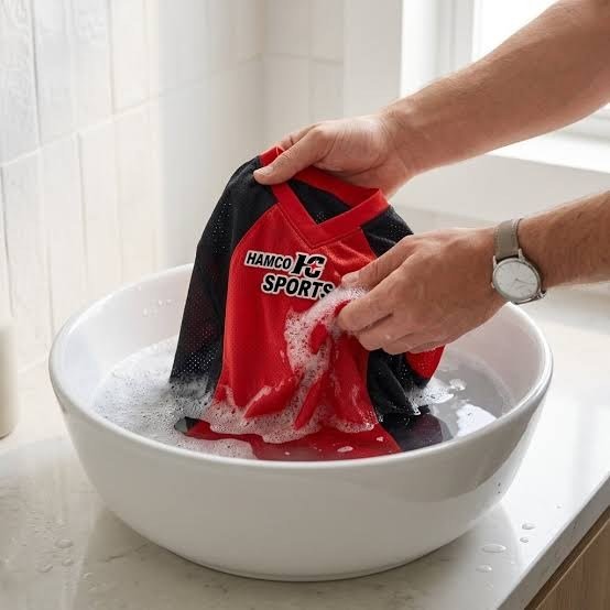 Printed jersey being washed gently by hand