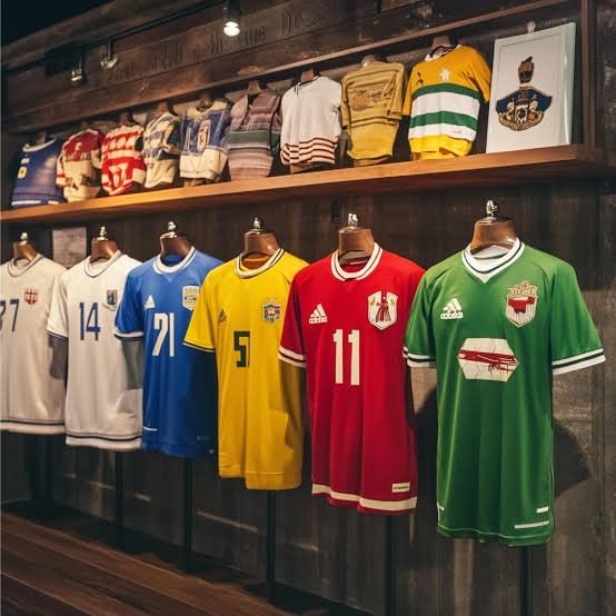Store wall displaying multiple international football jerseys