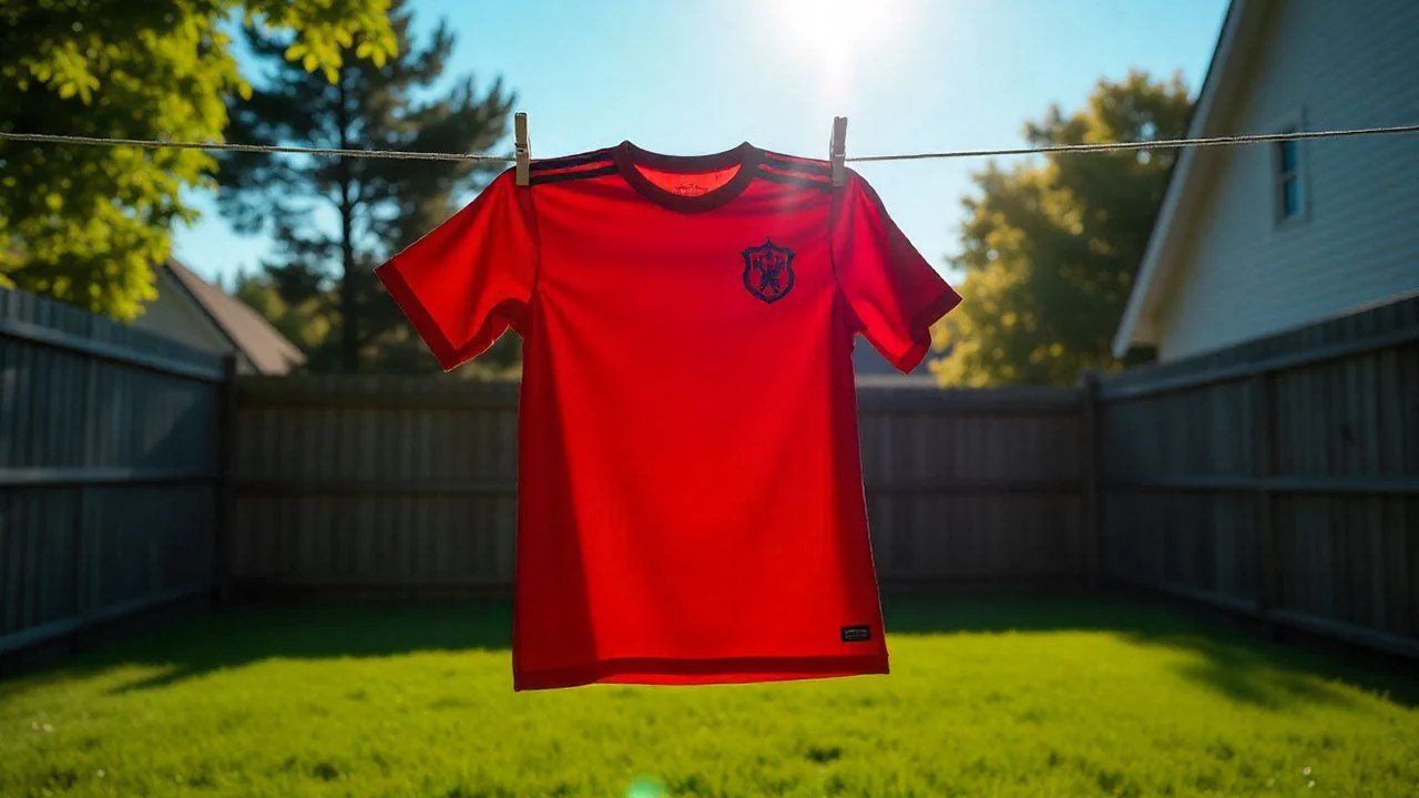 Jersey air drying outdoors away from a tumble dryer