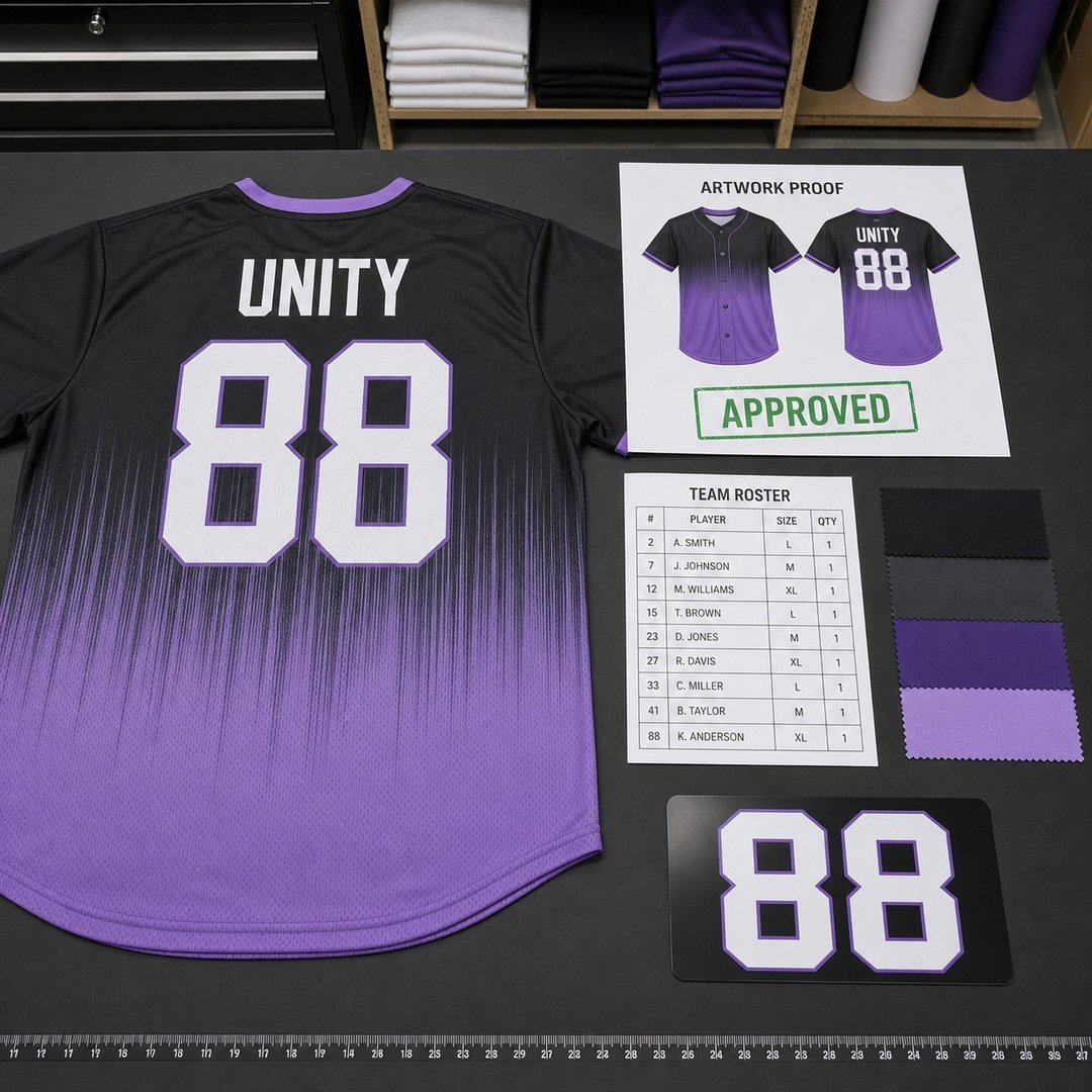 Custom jersey artwork proof and roster prepared for approval
