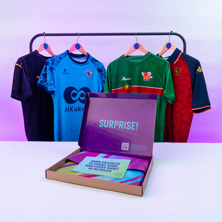Football jerseys displayed with a gift box for a surprise jersey present