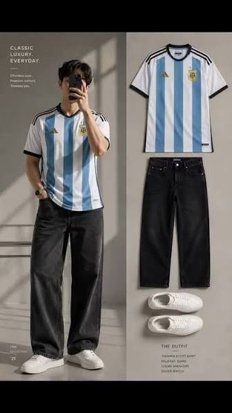 Complete casual jersey outfit with jeans and sneakers