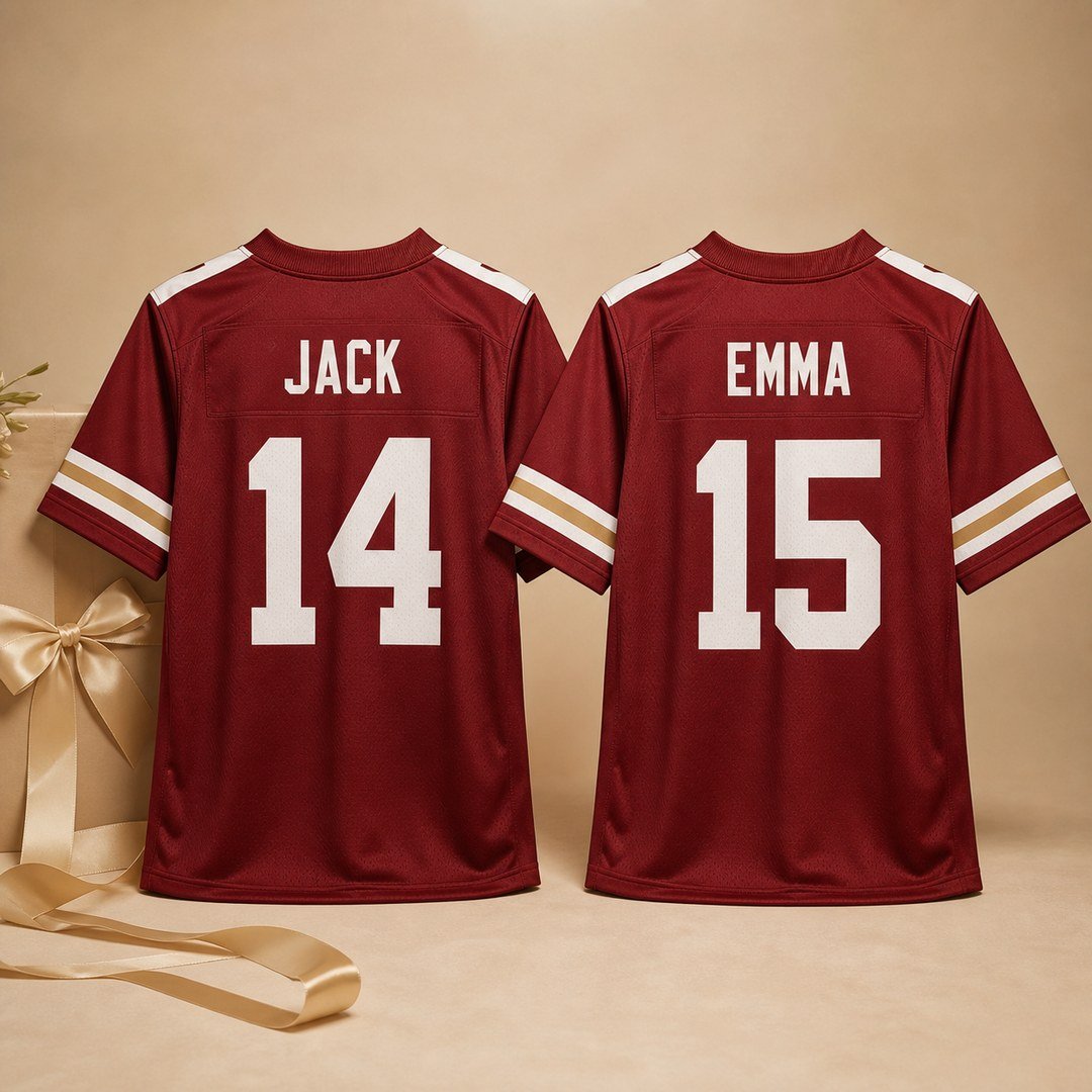 Matching custom jerseys showing JACK 14 and EMMA 15