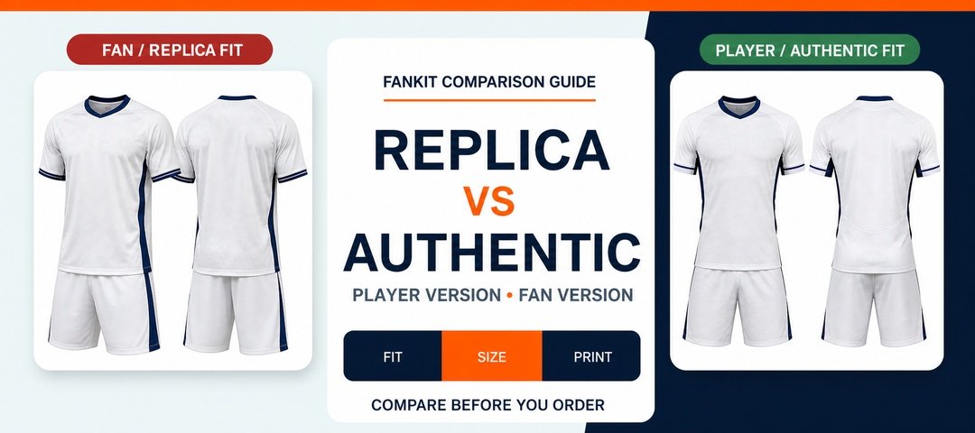 Replica vs authentic jersey guide comparing player version and fan version fit sizing and printing
