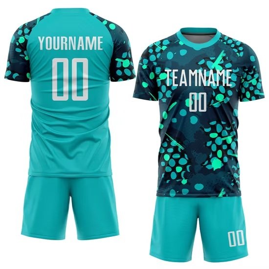 Teal customized sublimation football jersey kit shown front and back