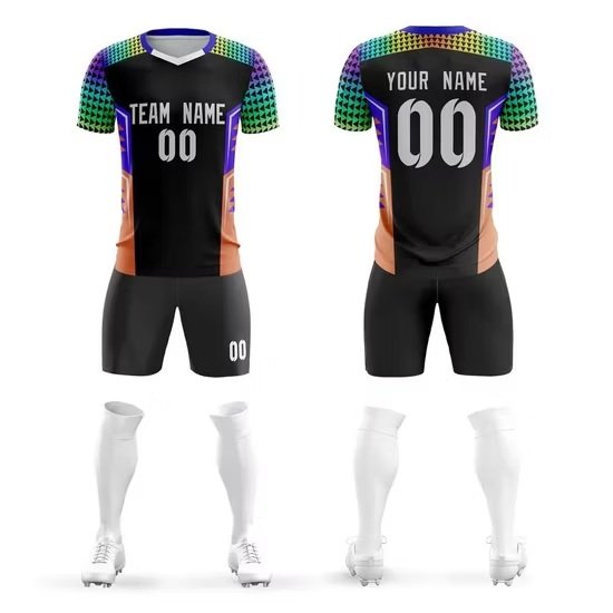 Black customized slim-fit football jersey kit shown front and back