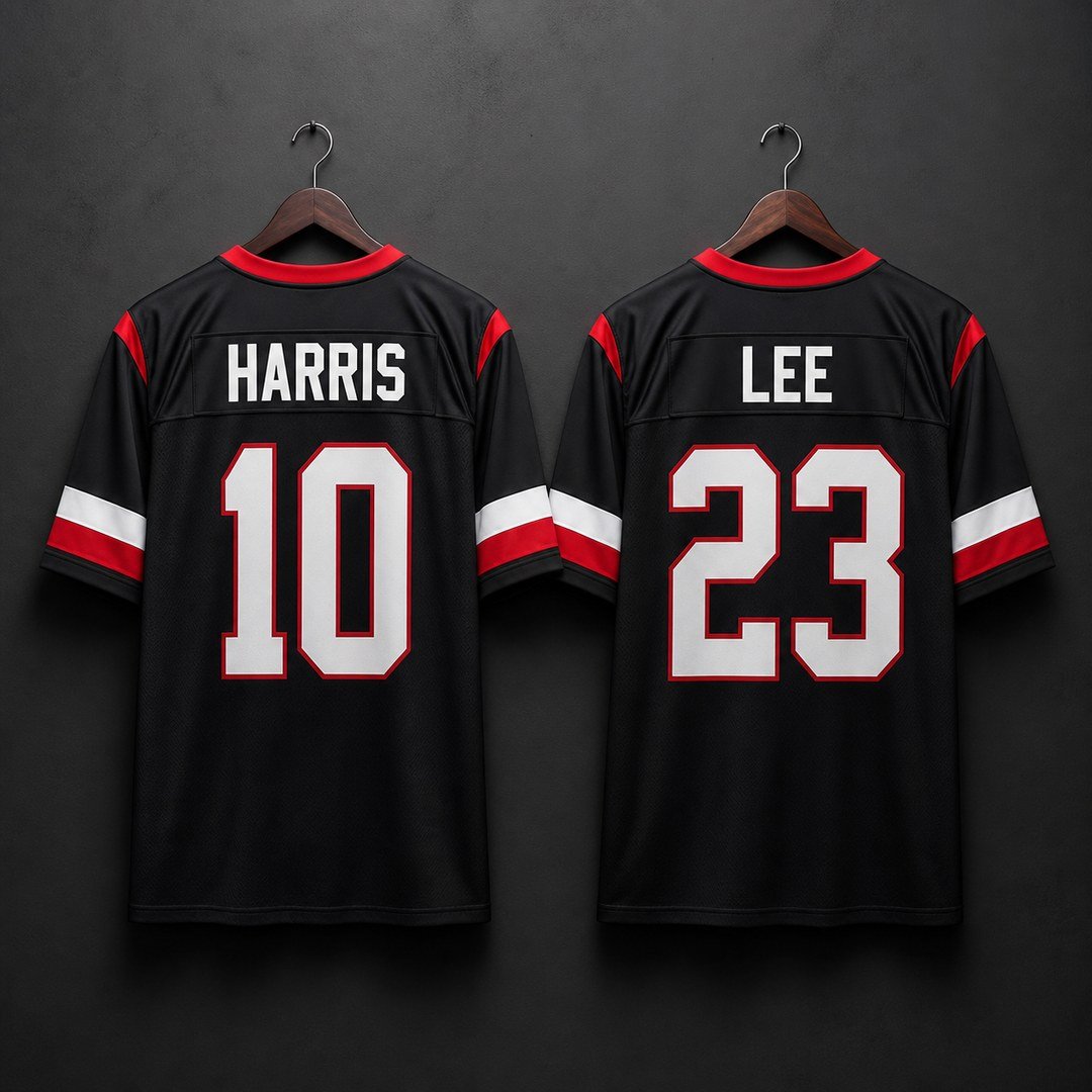 Custom jersey backs showing HARRIS 10 and LEE 23
