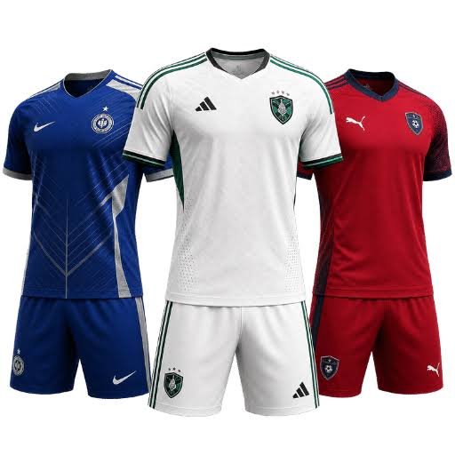 Three football kits representing different fit and sizing options