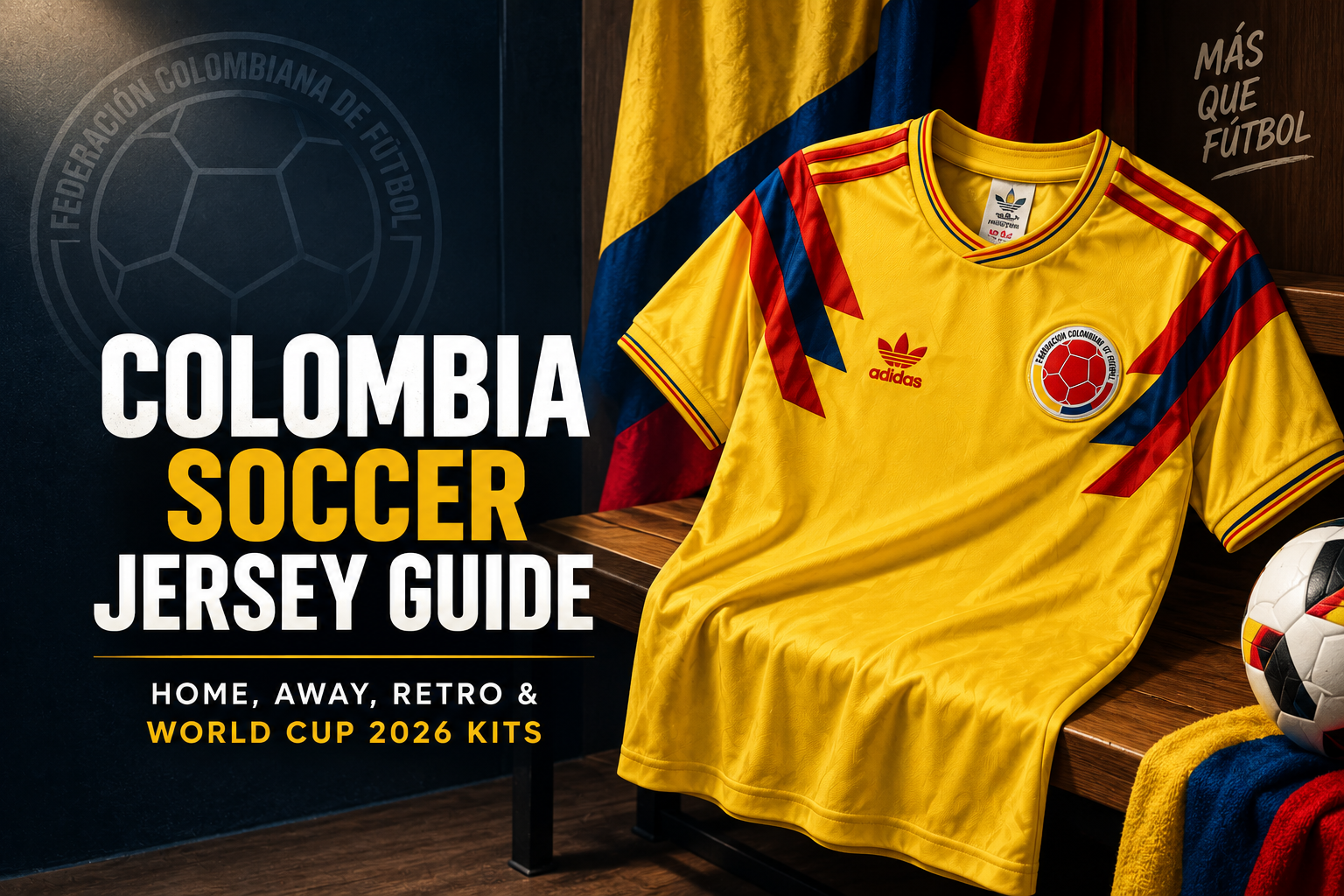 Colombia Soccer Jersey Guide: Home, Away, Retro and World Cup 2026 Kits, featuring the adidas 1990 Colombia retro with FCF badge and prices, sizing, authentic vs fan, and buying tips