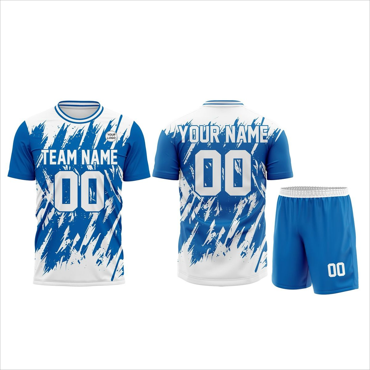 Blue and white patterned jersey front and back with team name, your name and number 00, beside matching shorts