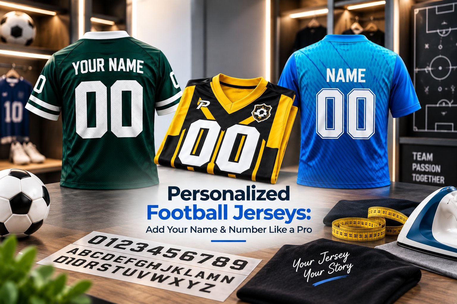 Personalized football jerseys workbench: three kits with name and number, letter sheets, iron, and a football.