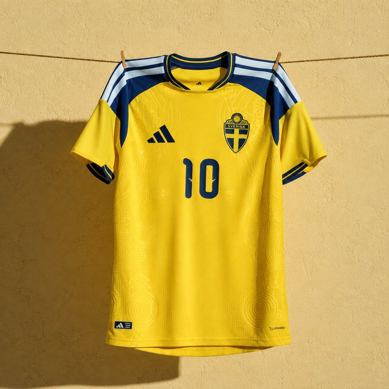 Yellow federation home kit with adidas branding and navy shoulder panels hung on a clothesline