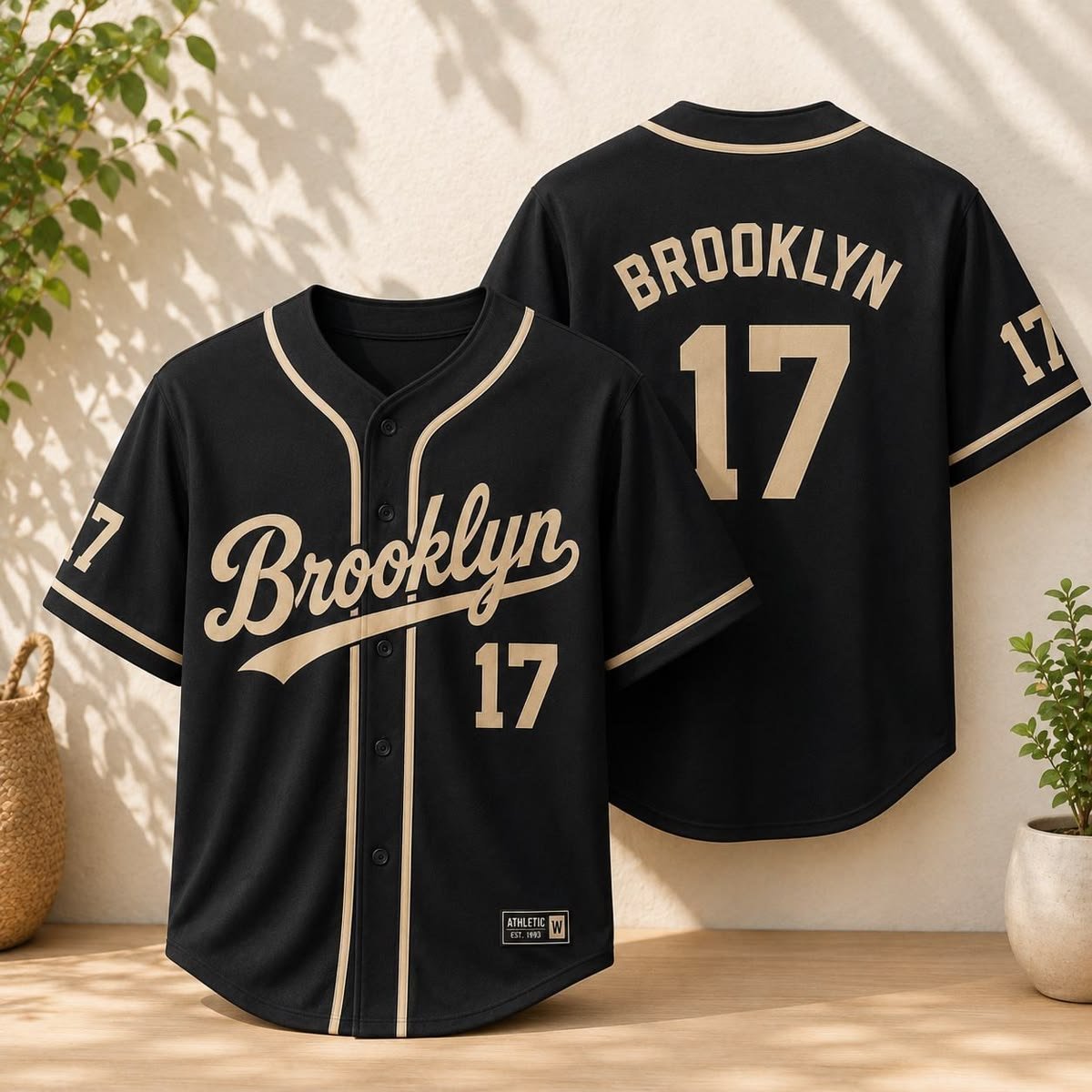 Brooklyn 17 black and cream baseball jersey with script wordmark and matching back lettering