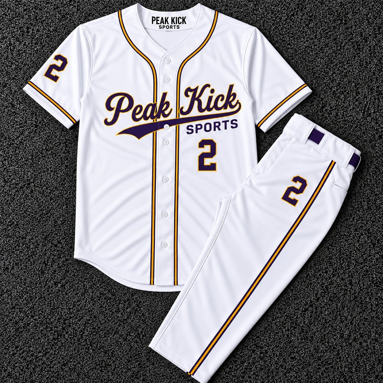 Peak Kick Sports number 2 white and purple baseball jersey with matching piped pants