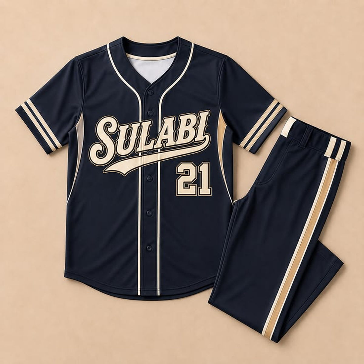 Sulabi 21 navy and cream baseball jersey with cream piping and matching pants