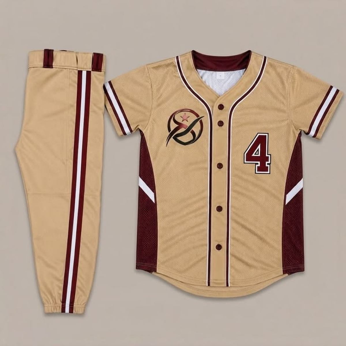 Tan and maroon number 4 baseball jersey with circular team mark and matching piped pants