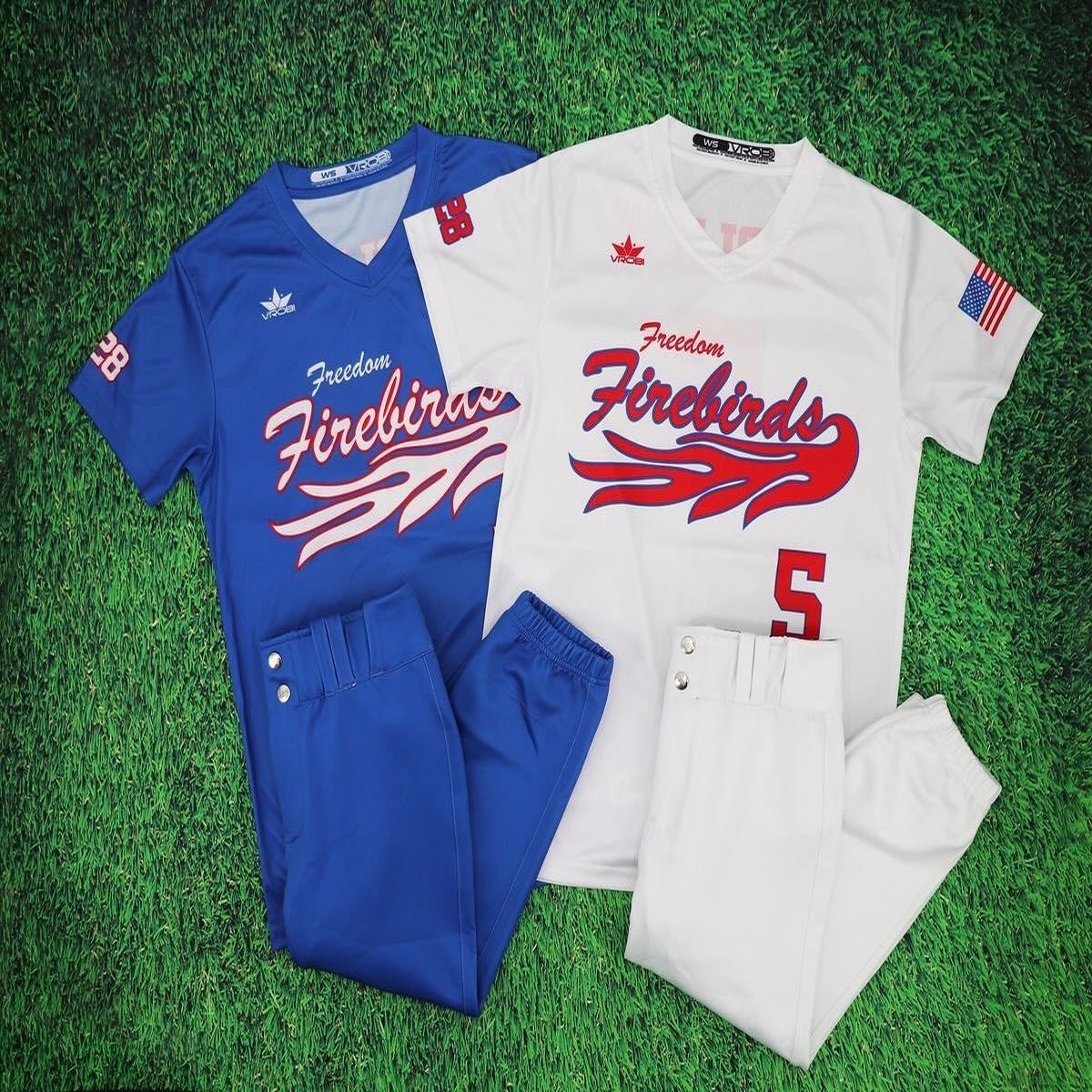 Freedom Firebirds blue baseball jersey with script wordmark and matching pants