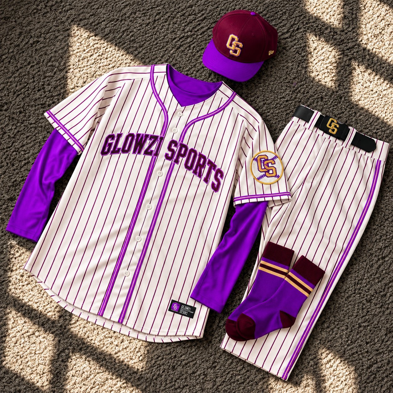 Glowzi Sports purple pinstripe baseball jersey with matching cap, belt and socks