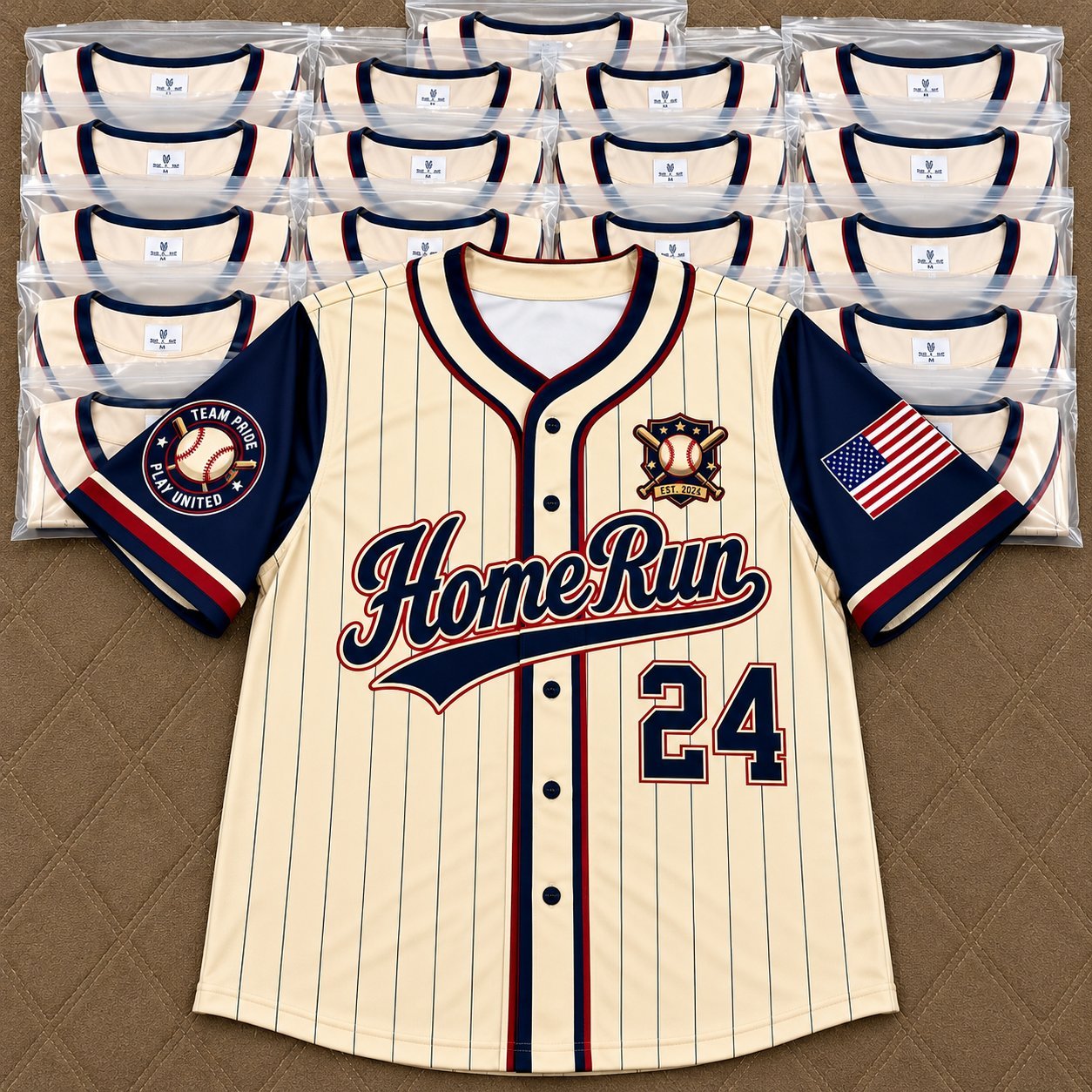 Cream pinstripe baseball jersey with HomeRun 24 wordmark and American flag sleeve
