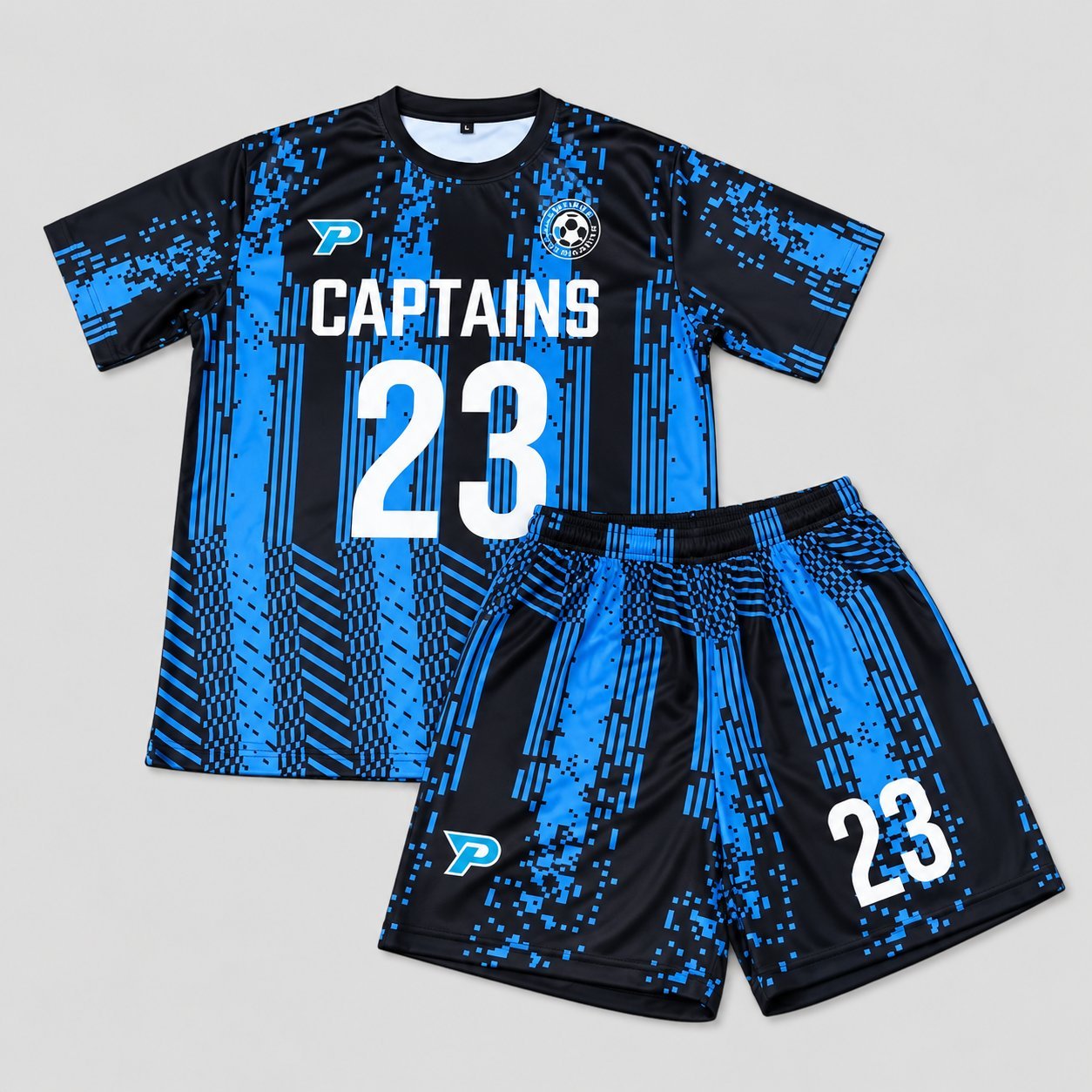 Captains #23 blue and black patterned soccer jersey with matching shorts showing finished DIY-style number customization