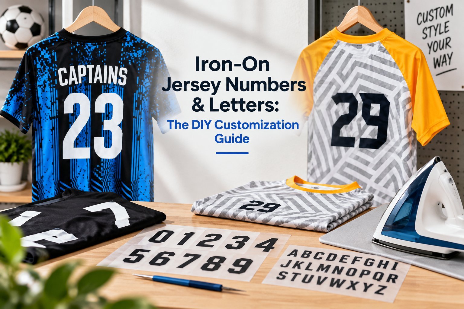 Iron-On Jersey Numbers & Letters DIY customization scene with two finished customized jerseys, transfer sheets and a household iron on a workbench
