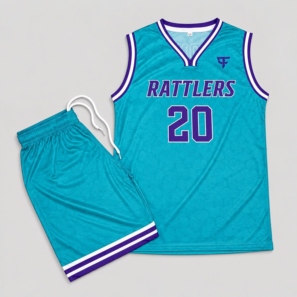 Rattlers #20 teal and purple basketball jersey with matching teal shorts showing finished team customization