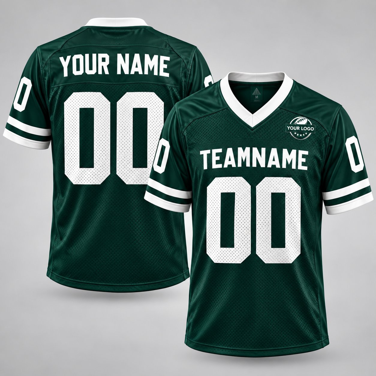 Custom green mesh TEAMNAME 00 YOUR LOGO football jersey with white accents, front and back view