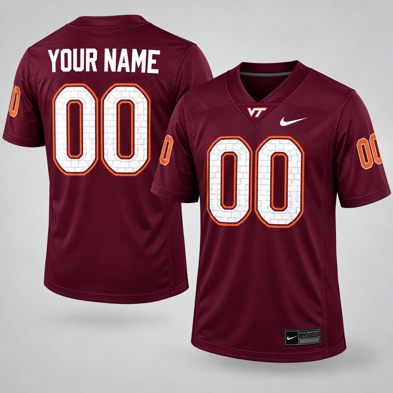 Custom maroon YOUR NAME 00 American football jersey with VT logo and Nike swoosh, front and back view