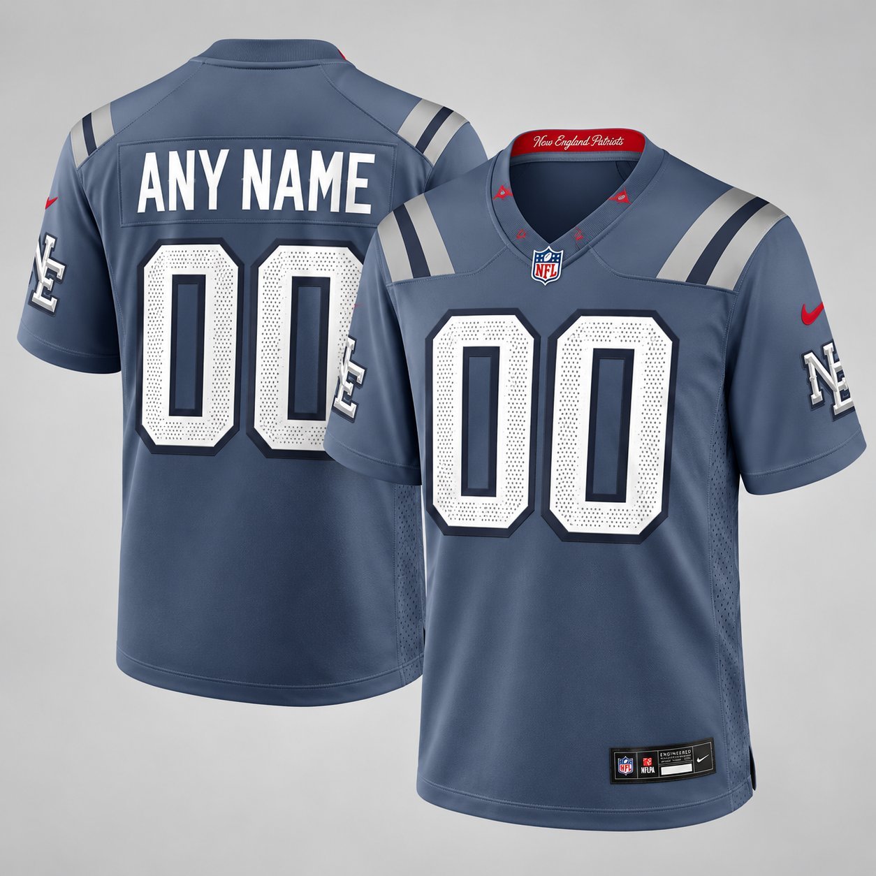 Custom navy blue ANY NAME 00 American football jersey with NFL shield and Patriots-style NE sleeve logos, front and back view