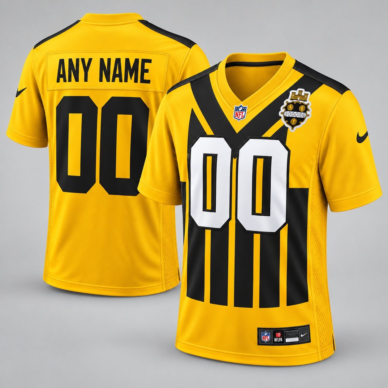 Custom yellow and black striped ANY NAME 00 American football jersey with NFL shield shown from front and back