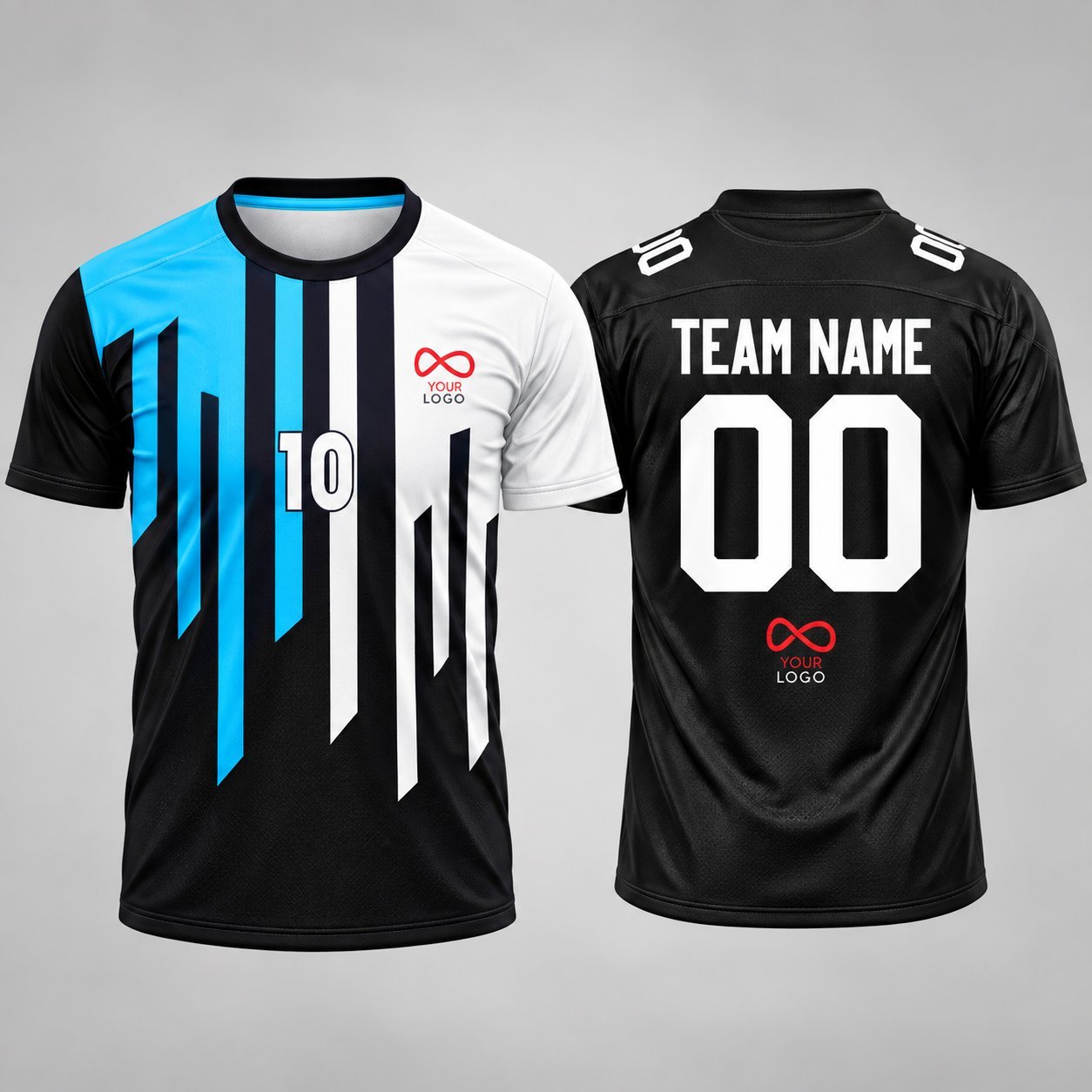Custom #10 black, cyan and white soccer-style jersey shown alongside a black TEAM NAME 00 match jersey with logo placeholder