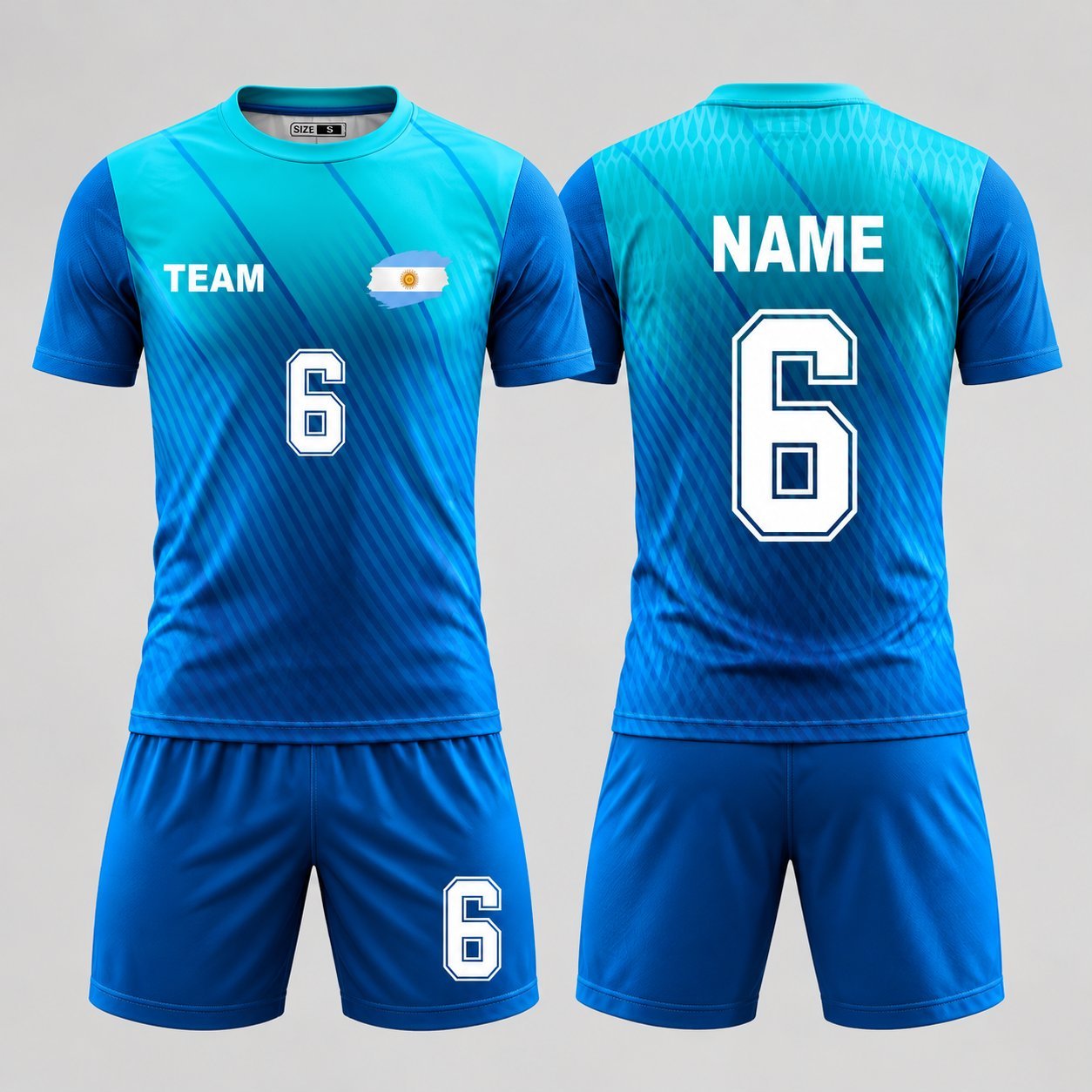 Custom blue and teal TEAM 6 soccer uniform with matching shorts shown from front and back with Argentina-style crest