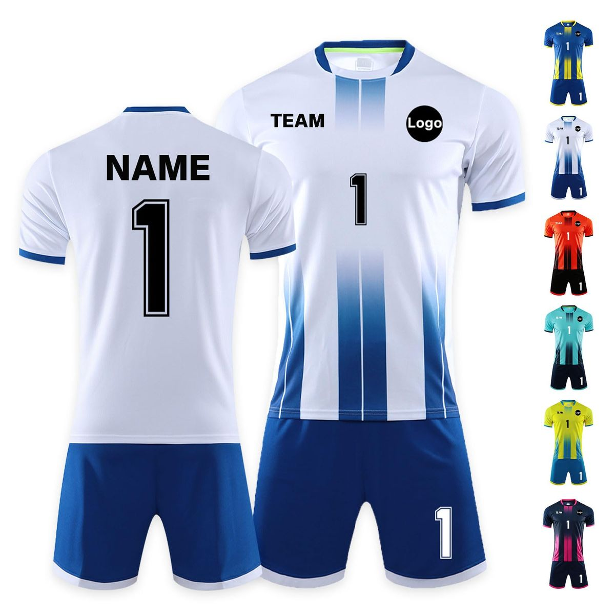 White and blue jersey front and back with NAME, TEAM, logo and number 1, beside alternate kit colors