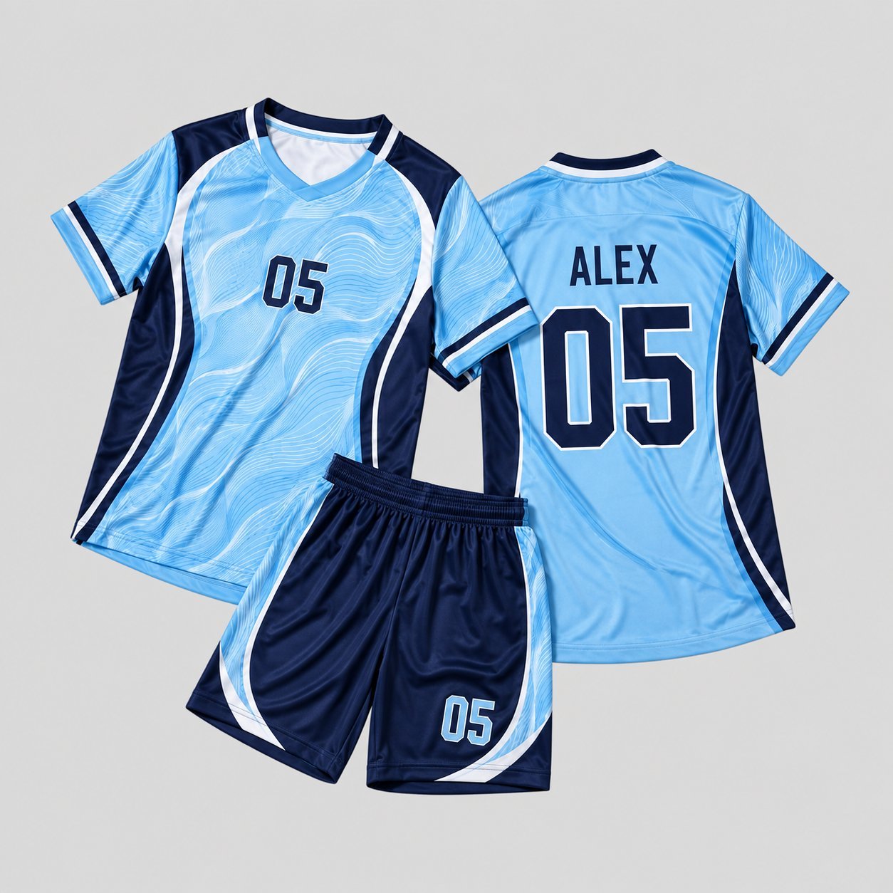 Alex 05 light blue and navy youth soccer jersey with matching piped shorts, front and back view