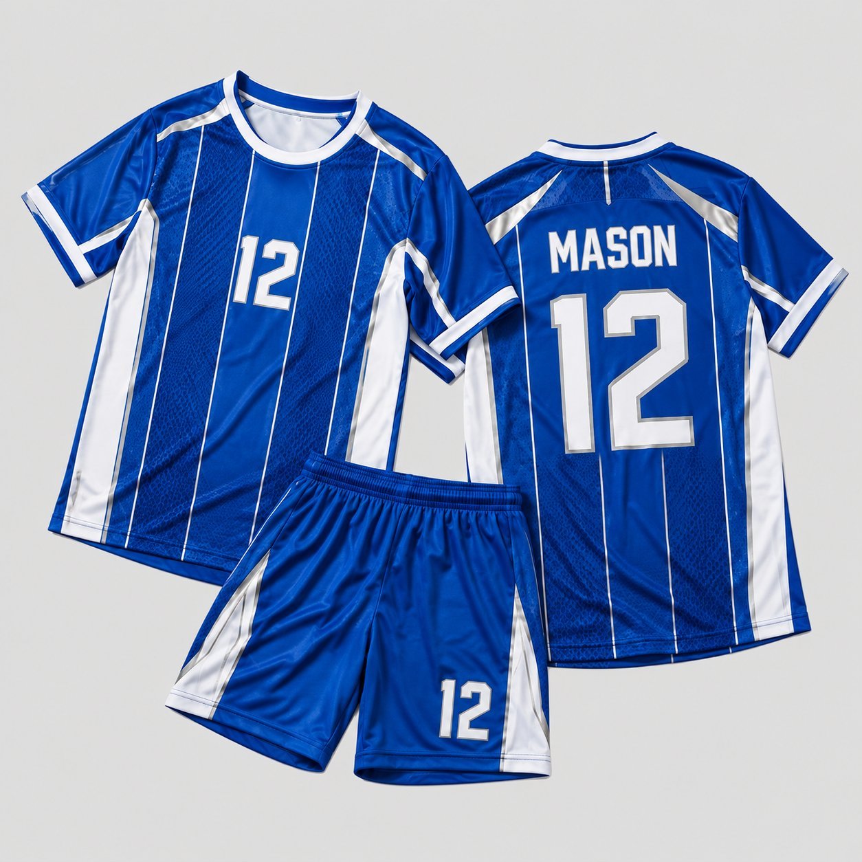 Mason 12 royal blue and white pinstripe youth soccer jersey with matching shorts, front and back view