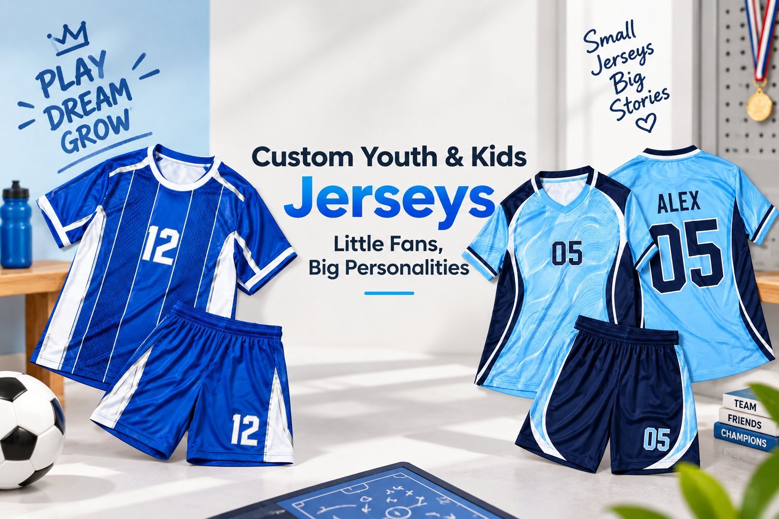 Custom Youth & Kids Jerseys: Little Fans, Big Personalities banner with kids jersey sets on bedroom floor and workspace background